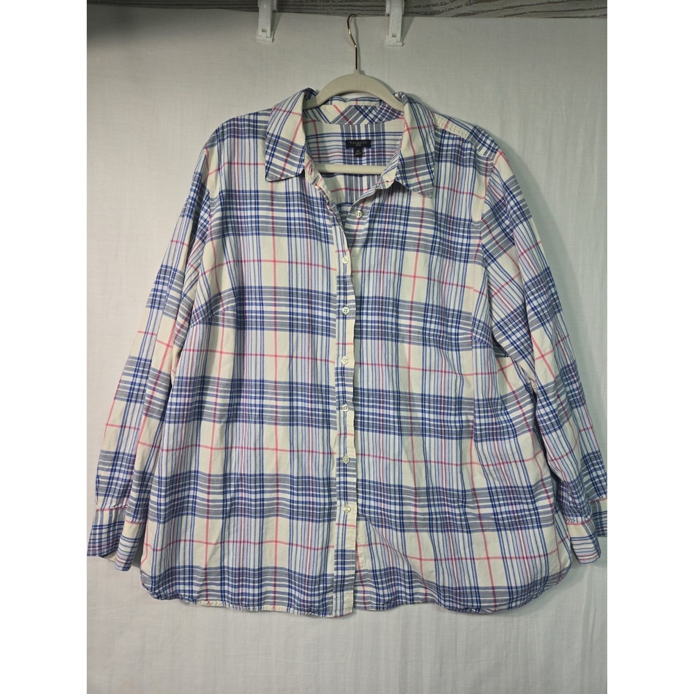 Talbots Cotton Multicolor Plaid Button-Up Long Sleeve Top Women's‎ 2X Blue Pink